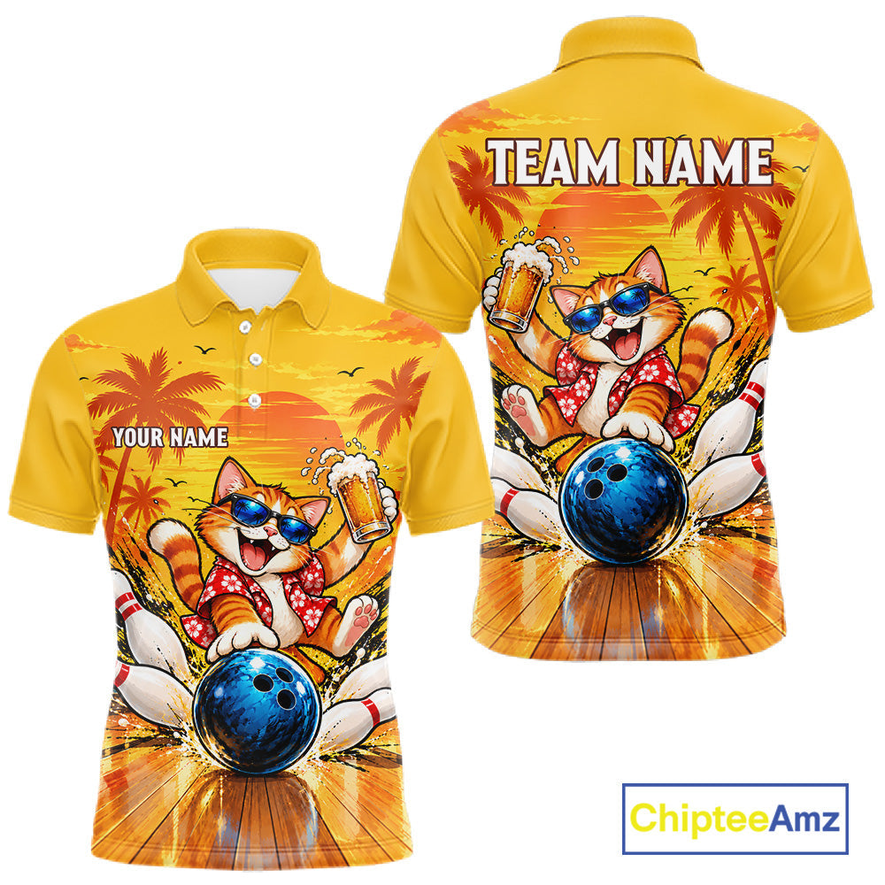 Yellow Tropical Cat Bowling Player Polo Shirt Custom Beer Drinking Sports Club Match Jersey
