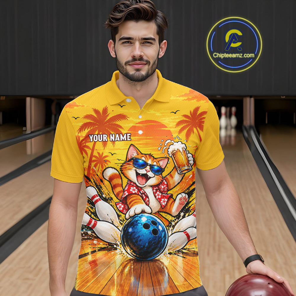 Yellow Tropical Cat Bowling Player Polo Shirt Custom Beer Drinking Sports Club Match Jersey
