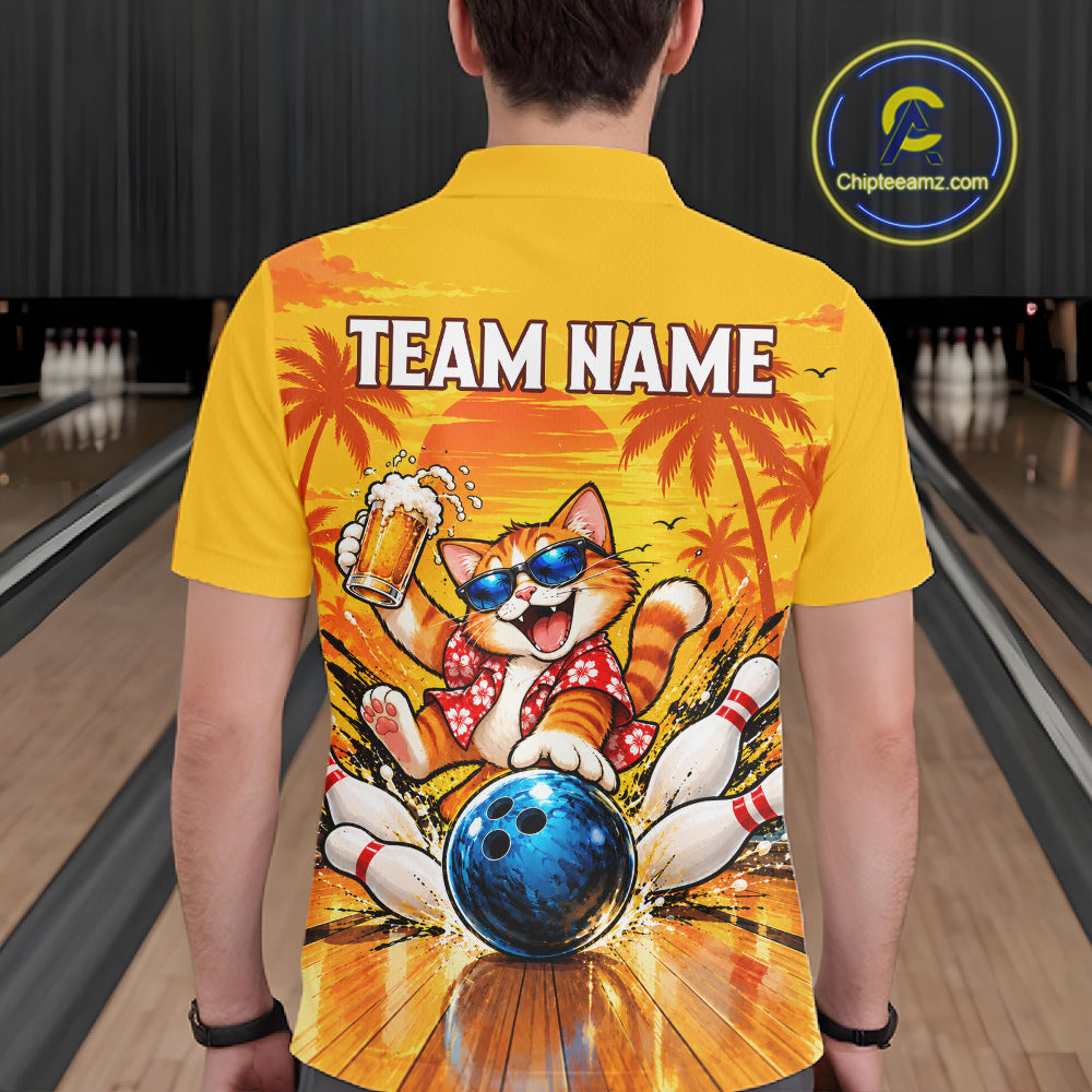 Yellow Tropical Cat Bowling Player Polo Shirt Custom Beer Drinking Sports Club Match Jersey