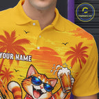 Yellow Tropical Cat Bowling Player Polo Shirt Custom Beer Drinking Sports Club Match Jersey