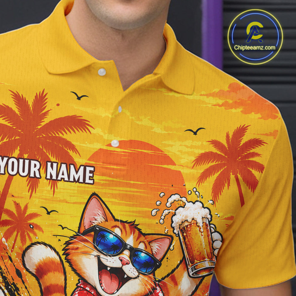 Yellow Tropical Cat Bowling Player Polo Shirt Custom Beer Drinking Sports Club Match Jersey
