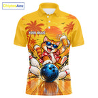 Yellow Tropical Cat Bowling Player Polo Shirt Custom Beer Drinking Sports Club Match Jersey