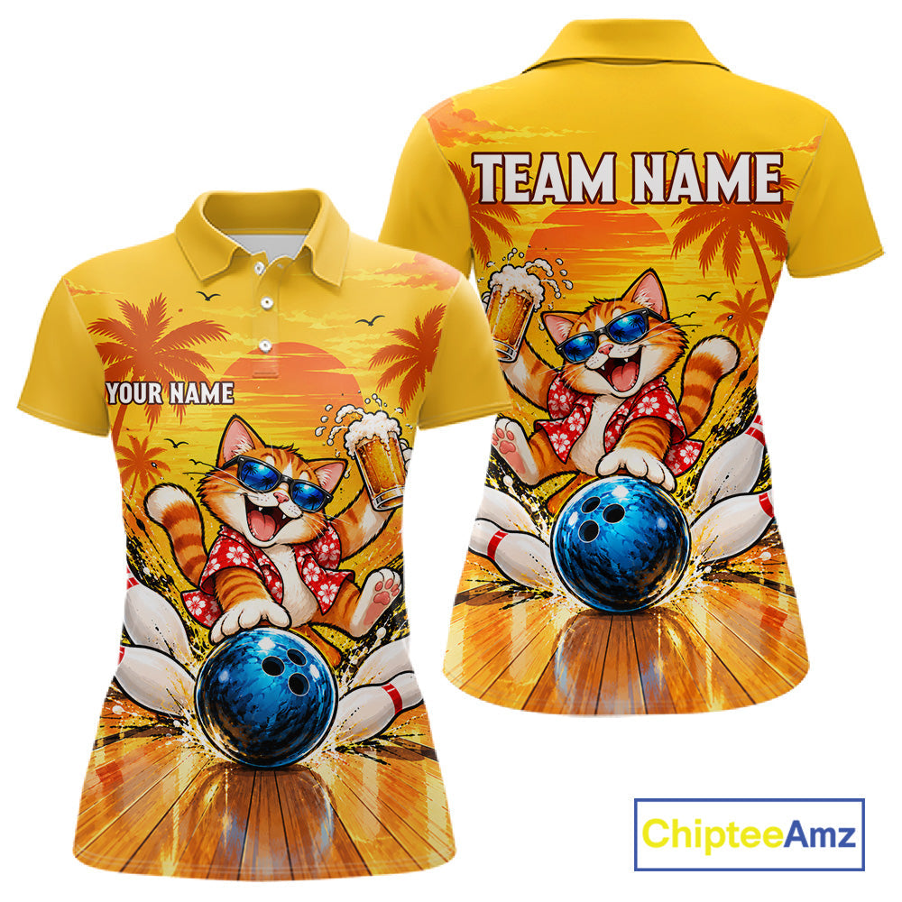 Yellow Tropical Cat Bowling Player Polo Shirt Custom Beer Drinking Sports Club Match Jersey