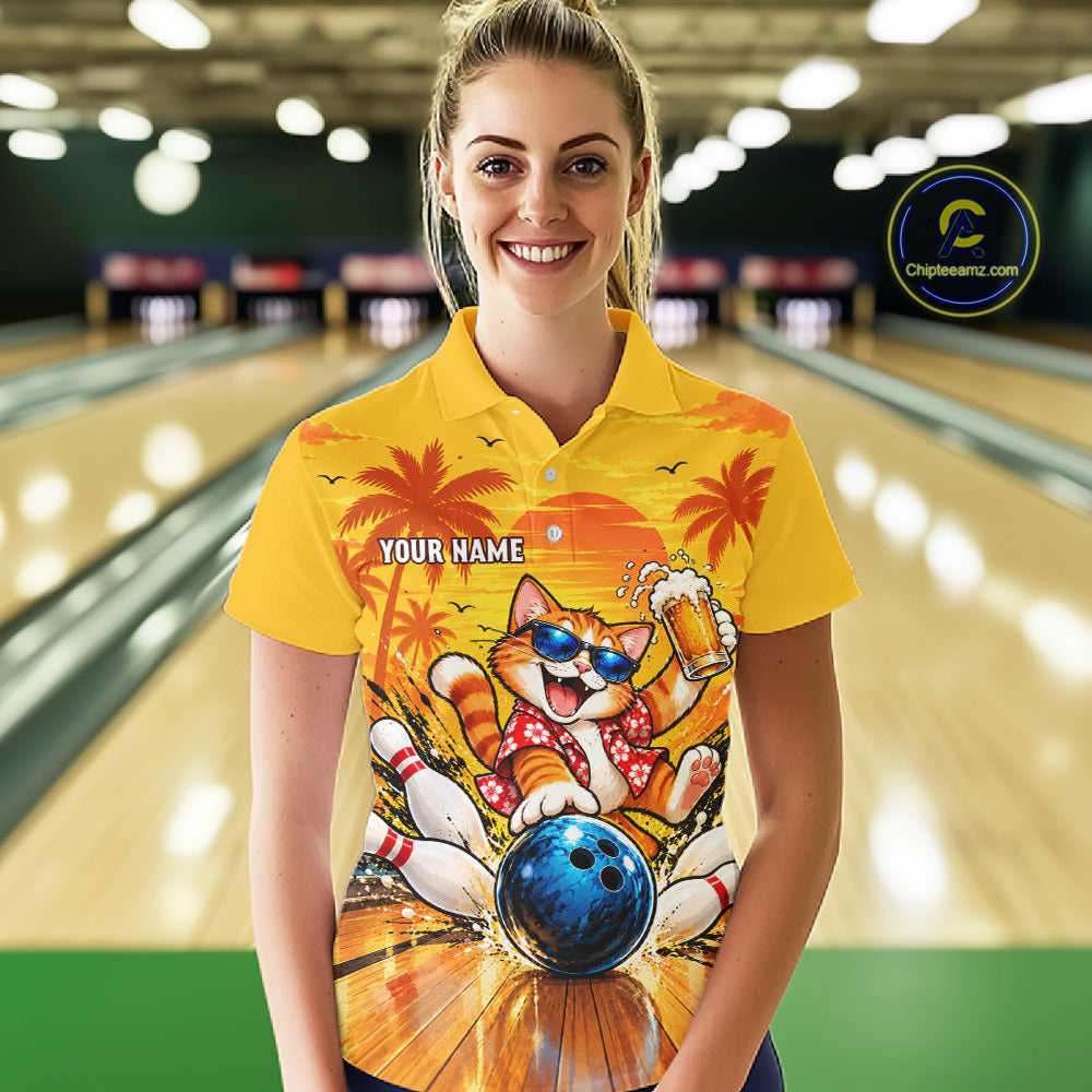 Yellow Tropical Cat Bowling Player Polo Shirt Custom Beer Drinking Sports Club Match Jersey