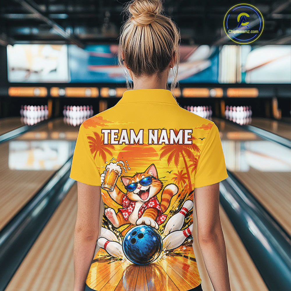 Yellow Tropical Cat Bowling Player Polo Shirt Custom Beer Drinking Sports Club Match Jersey