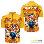 Yellow Tropical Cat Bowling Player Polo Shirt Custom Beer Drinking Sports Club Match Jersey
