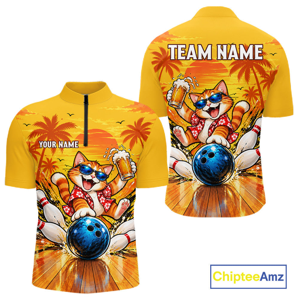 Yellow Tropical Cat Bowling Player Polo Shirt Custom Beer Drinking Sports Club Match Jersey