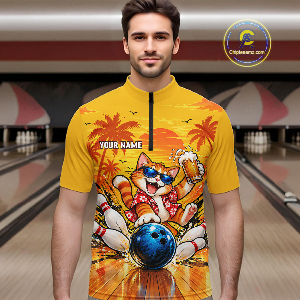 Yellow Tropical Cat Bowling Player Polo Shirt Custom Beer Drinking Sports Club Match Jersey