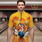 Yellow Tropical Cat Bowling Player Polo Shirt Custom Beer Drinking Sports Club Match Jersey