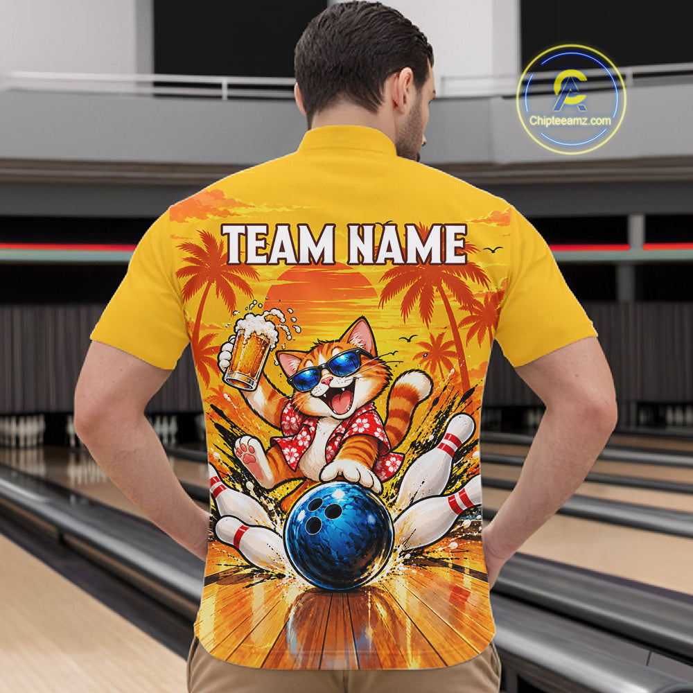 Yellow Tropical Cat Bowling Player Polo Shirt Custom Beer Drinking Sports Club Match Jersey