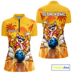 Yellow Tropical Cat Bowling Player Polo Shirt Custom Beer Drinking Sports Club Match Jersey