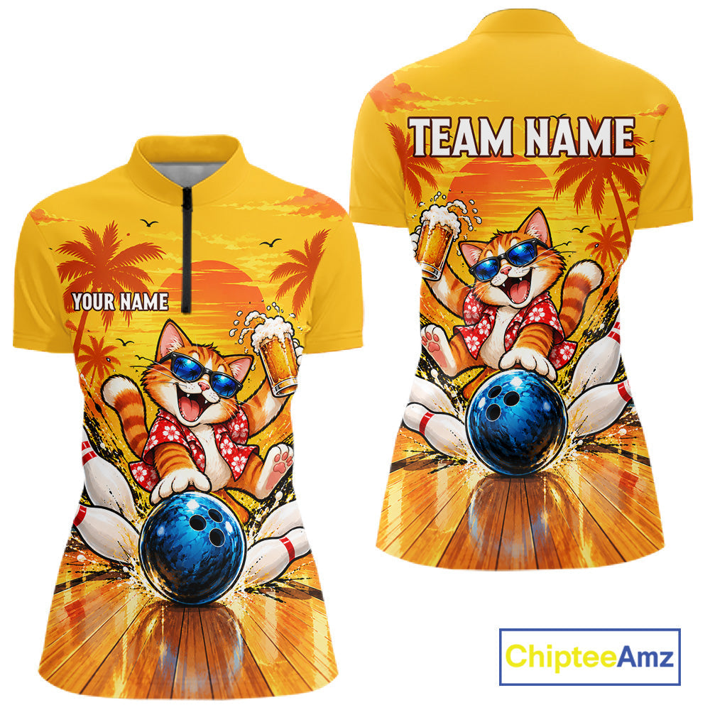 Yellow Tropical Cat Bowling Player Polo Shirt Custom Beer Drinking Sports Club Match Jersey