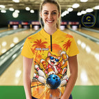 Yellow Tropical Cat Bowling Player Polo Shirt Custom Beer Drinking Sports Club Match Jersey