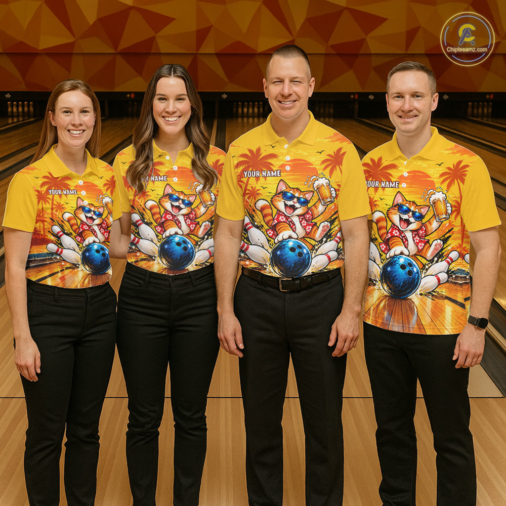 Yellow Tropical Cat Bowling Player Polo Shirt Custom Beer Drinking Sports Club Match Jersey