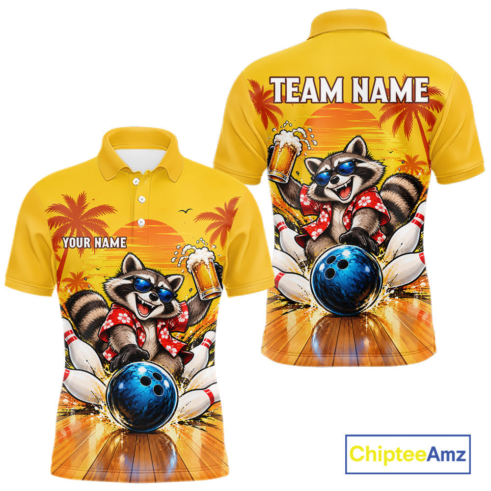 Yellow Tropical Raccoon Bowling Player Polo Shirt Custom Beer Drinking Sports Club Match Jersey