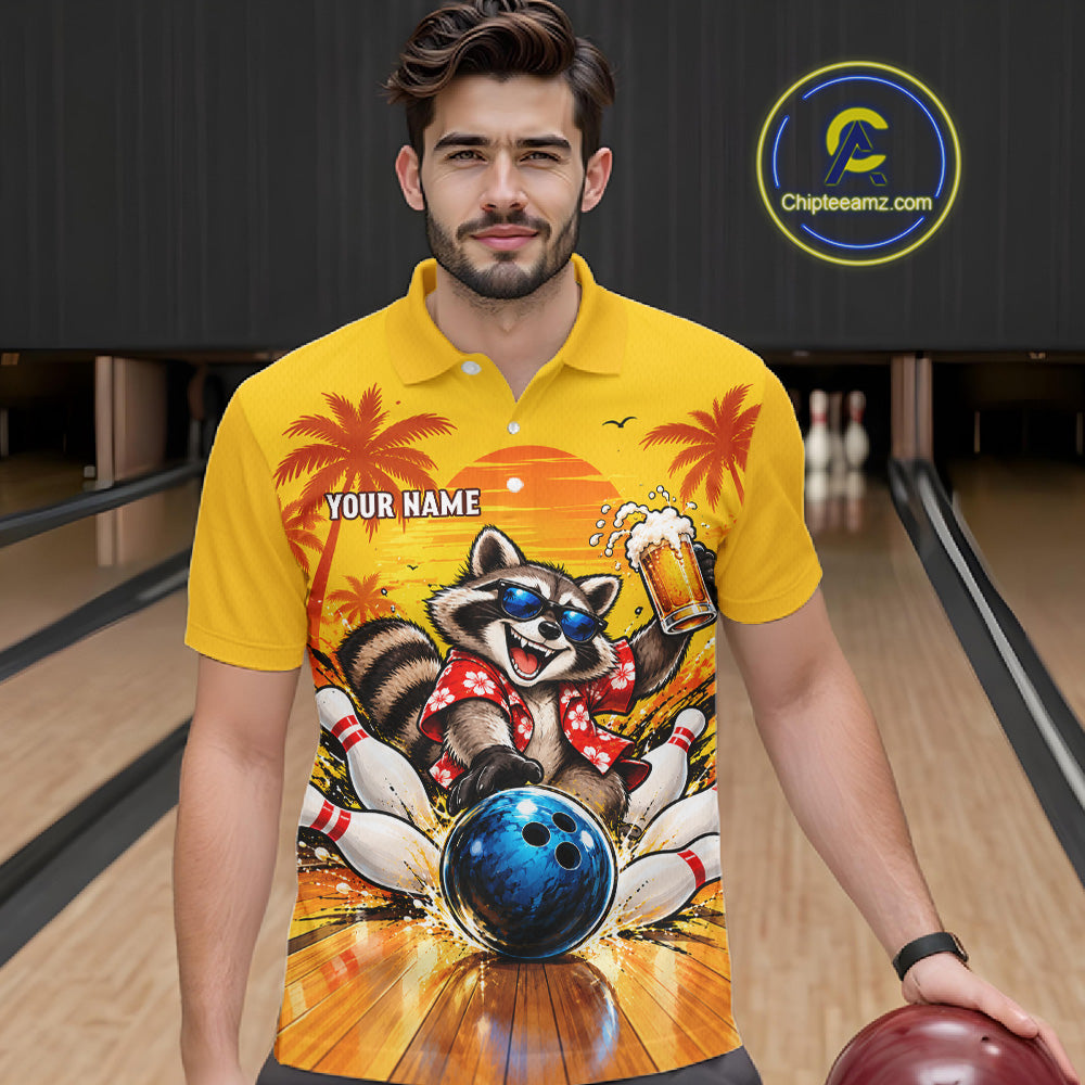 Yellow Tropical Raccoon Bowling Player Polo Shirt Custom Beer Drinking Sports Club Match Jersey