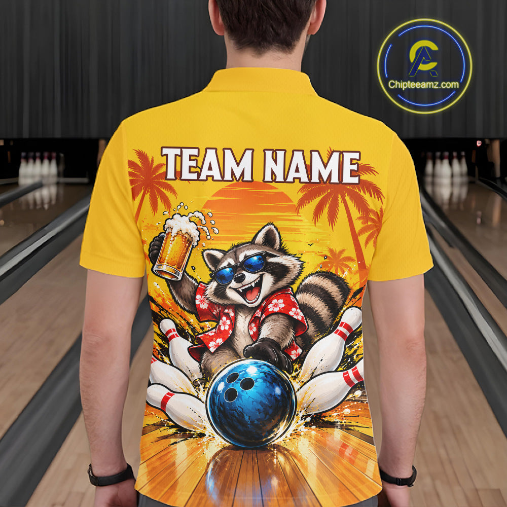Yellow Tropical Raccoon Bowling Player Polo Shirt Custom Beer Drinking Sports Club Match Jersey