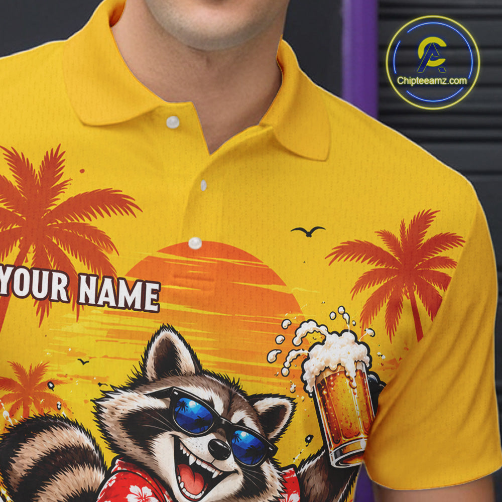 Yellow Tropical Raccoon Bowling Player Polo Shirt Custom Beer Drinking Sports Club Match Jersey