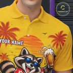 Yellow Tropical Raccoon Bowling Player Polo Shirt Custom Beer Drinking Sports Club Match Jersey