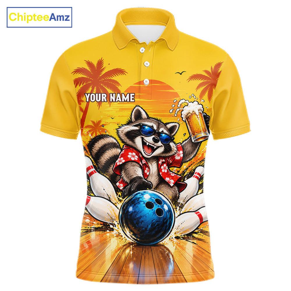 Yellow Tropical Raccoon Bowling Player Polo Shirt Custom Beer Drinking Sports Club Match Jersey