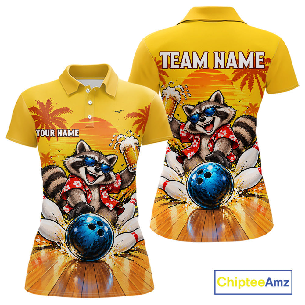 Yellow Tropical Raccoon Bowling Player Polo Shirt Custom Beer Drinking Sports Club Match Jersey