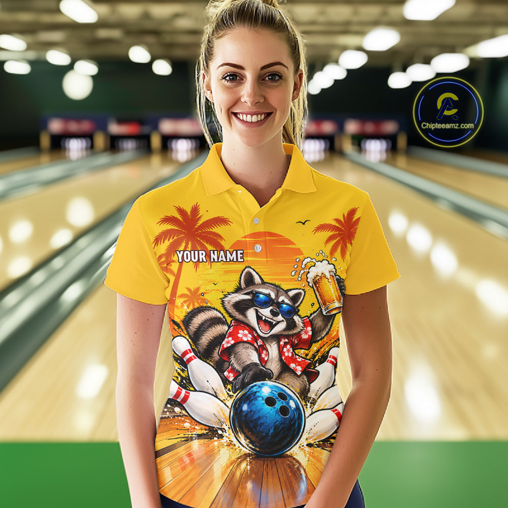 Yellow Tropical Raccoon Bowling Player Polo Shirt Custom Beer Drinking Sports Club Match Jersey