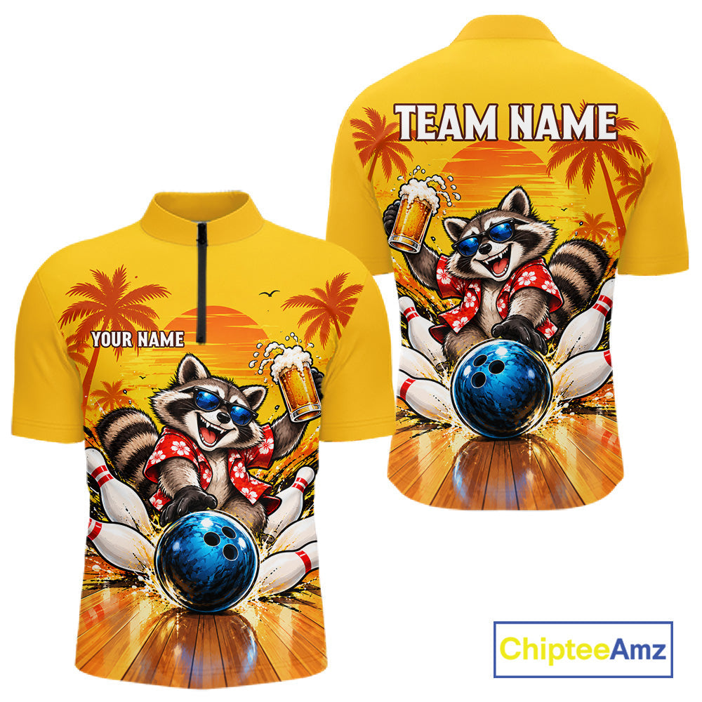 Yellow Tropical Raccoon Bowling Player Polo Shirt Custom Beer Drinking Sports Club Match Jersey