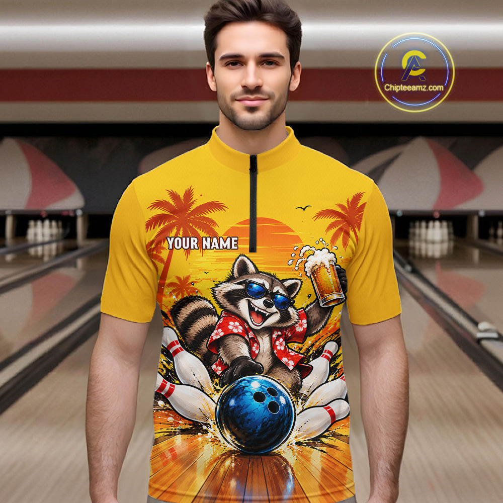 Yellow Tropical Raccoon Bowling Player Polo Shirt Custom Beer Drinking Sports Club Match Jersey