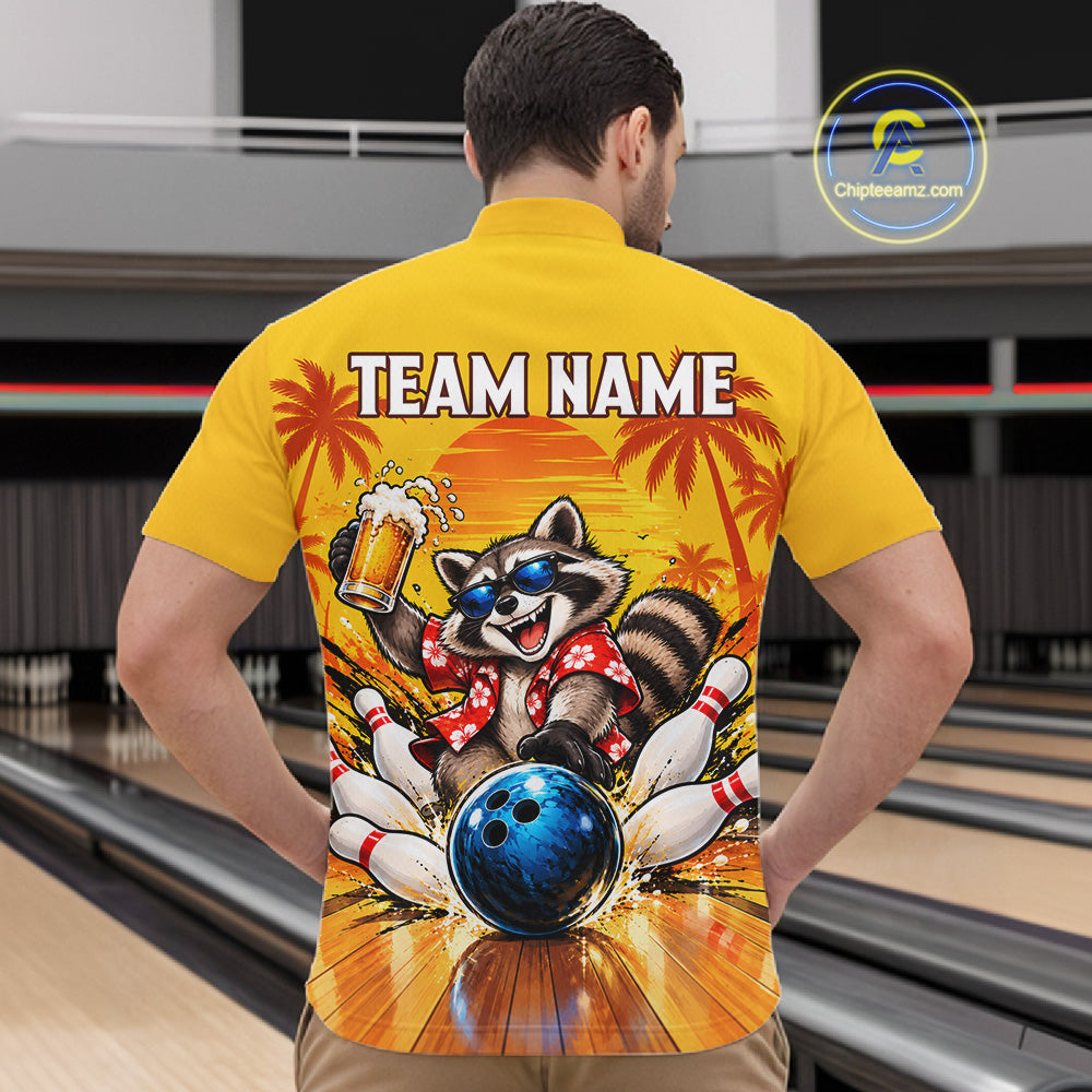 Yellow Tropical Raccoon Bowling Player Polo Shirt Custom Beer Drinking Sports Club Match Jersey
