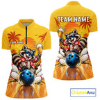 Yellow Tropical Raccoon Bowling Player Polo Shirt Custom Beer Drinking Sports Club Match Jersey