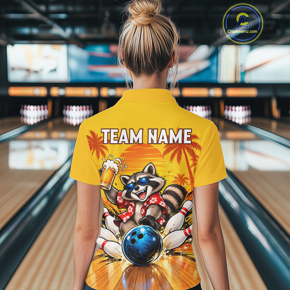 Yellow Tropical Raccoon Bowling Player Polo Shirt Custom Beer Drinking Sports Club Match Jersey