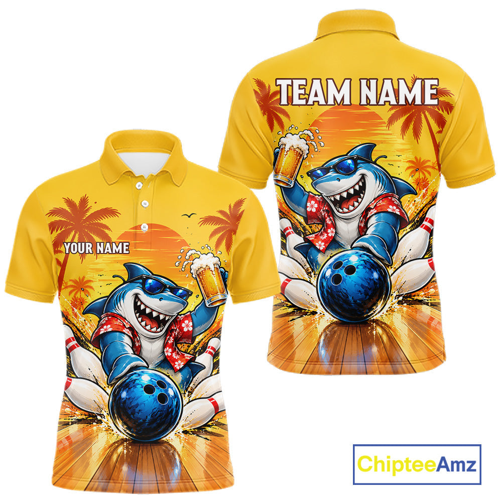Yellow Tropical Shark Bowling Player Polo Shirt Custom Beer Drinking Sports Club Match Jersey