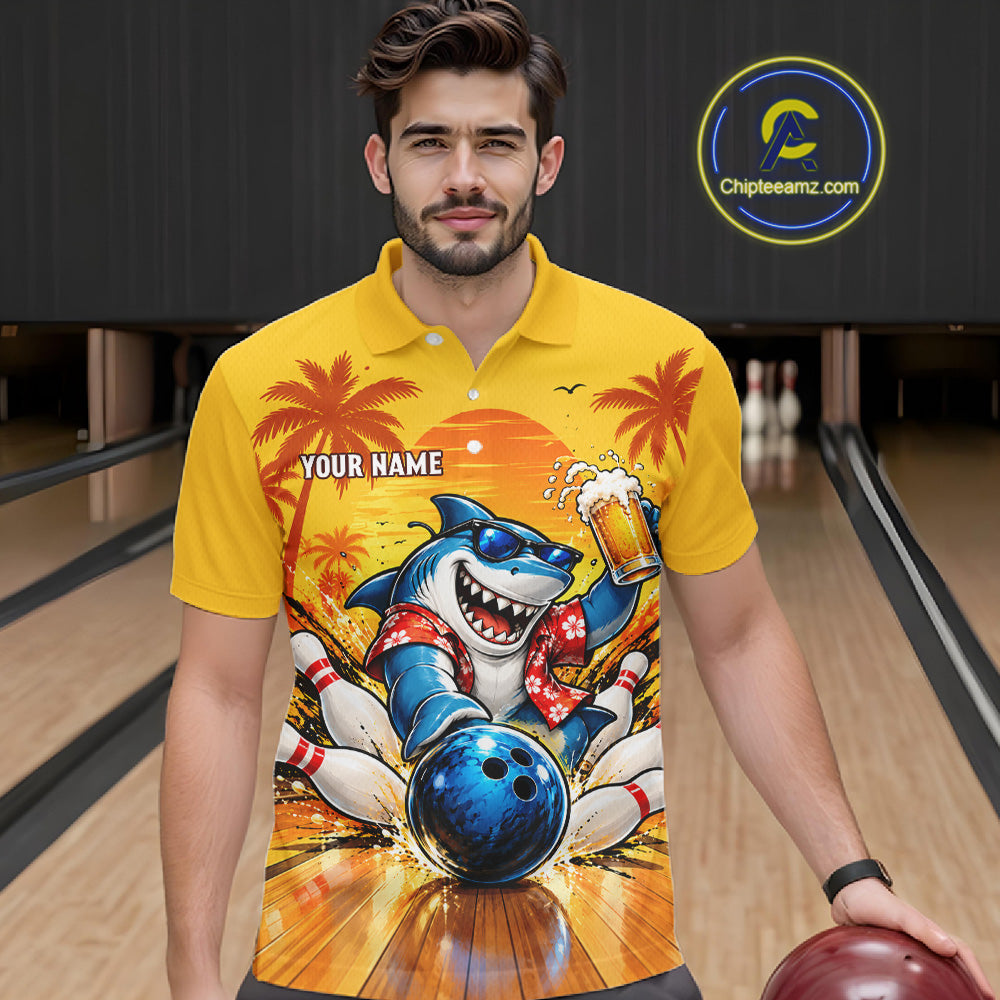 Yellow Tropical Shark Bowling Player Polo Shirt Custom Beer Drinking Sports Club Match Jersey