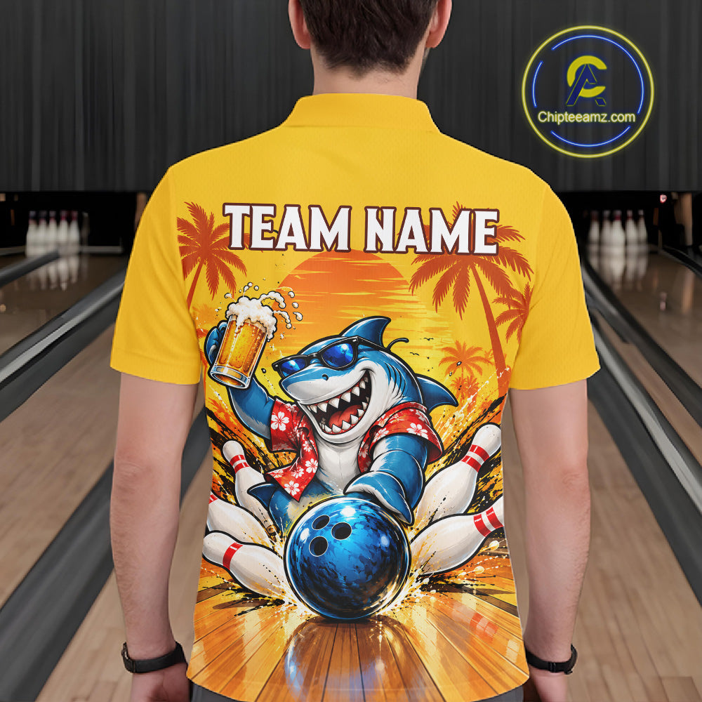 Yellow Tropical Shark Bowling Player Polo Shirt Custom Beer Drinking Sports Club Match Jersey