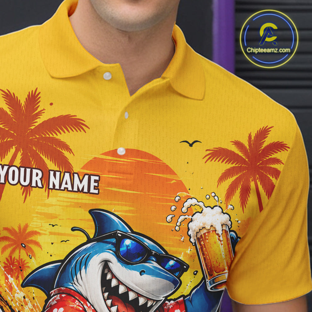Yellow Tropical Shark Bowling Player Polo Shirt Custom Beer Drinking Sports Club Match Jersey