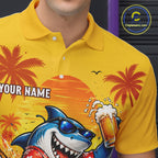 Yellow Tropical Shark Bowling Player Polo Shirt Custom Beer Drinking Sports Club Match Jersey