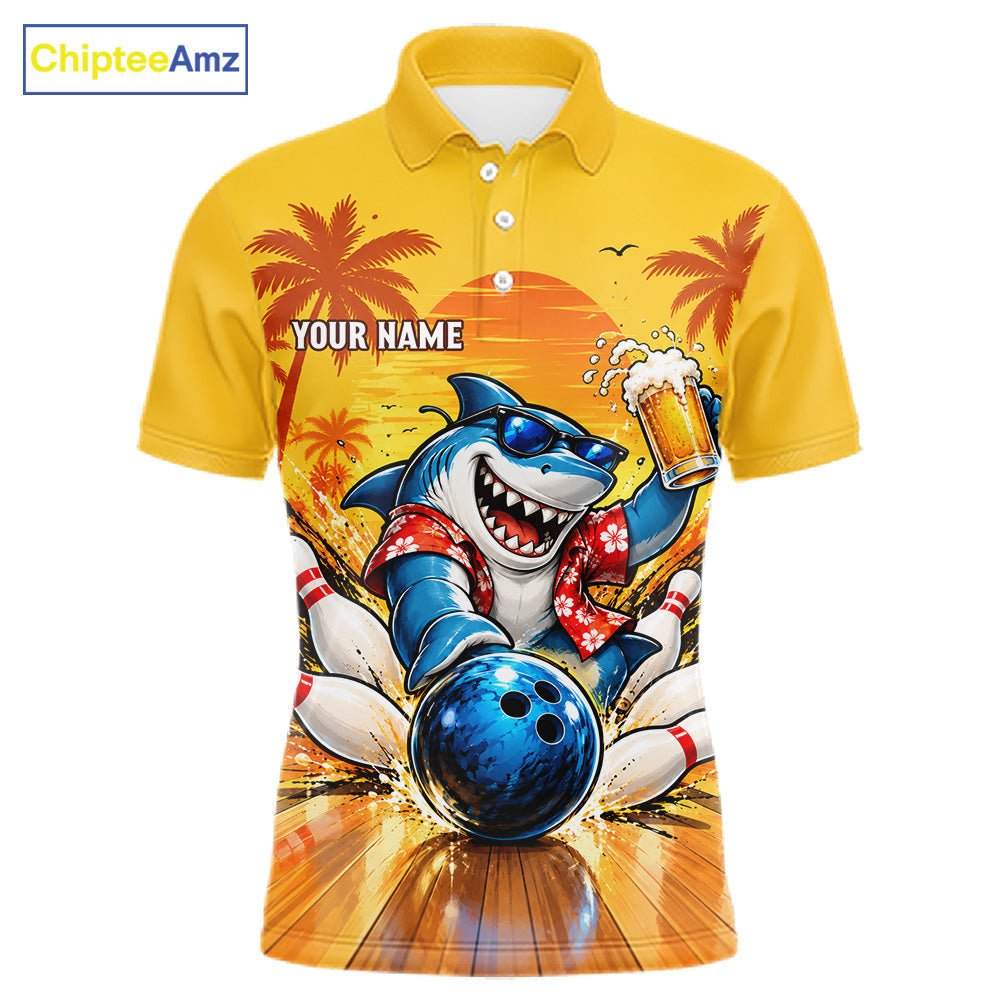 Yellow Tropical Shark Bowling Player Polo Shirt Custom Beer Drinking Sports Club Match Jersey