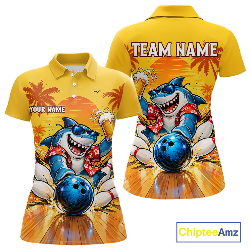 Yellow Tropical Shark Bowling Player Polo Shirt Custom Beer Drinking Sports Club Match Jersey