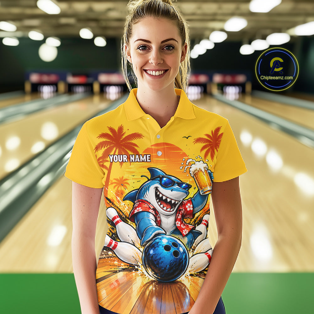 Yellow Tropical Shark Bowling Player Polo Shirt Custom Beer Drinking Sports Club Match Jersey