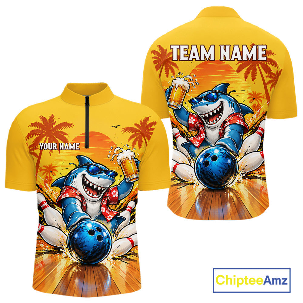 Yellow Tropical Shark Bowling Player Polo Shirt Custom Beer Drinking Sports Club Match Jersey