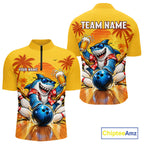 Yellow Tropical Shark Bowling Player Polo Shirt Custom Beer Drinking Sports Club Match Jersey