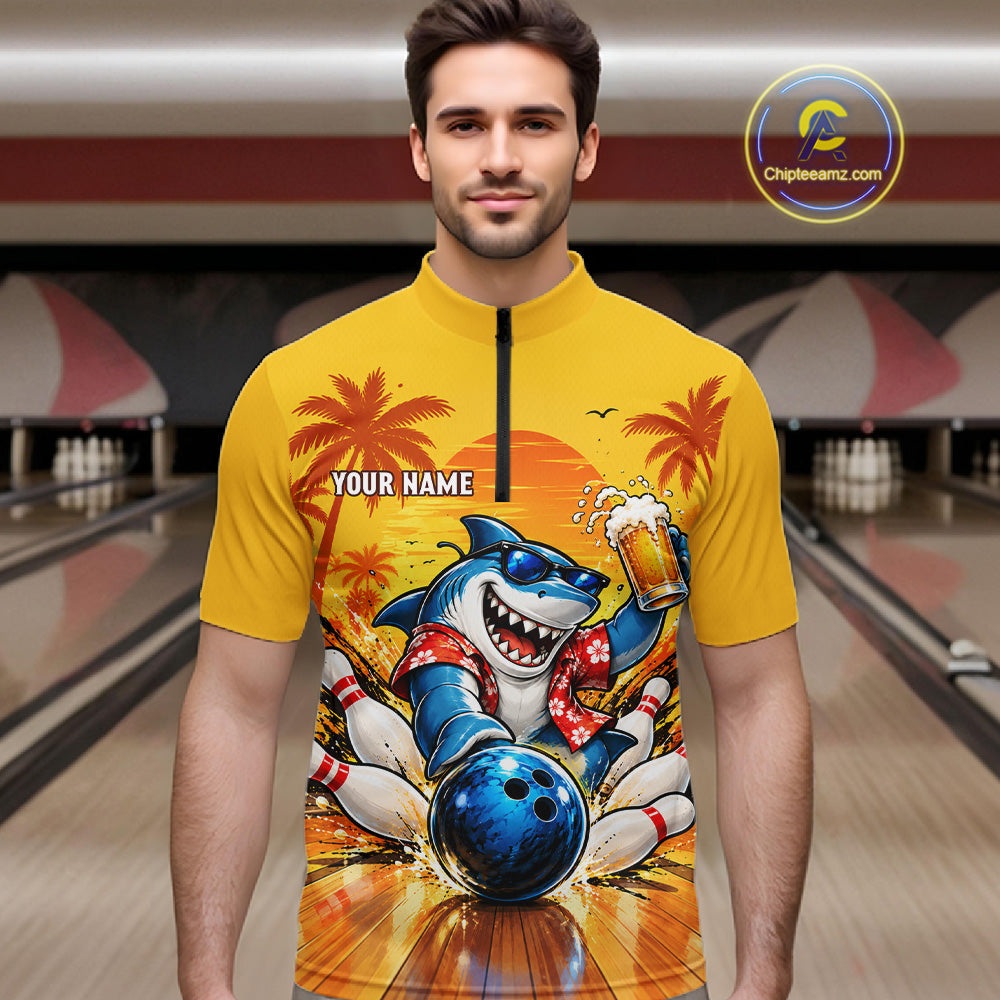 Yellow Tropical Shark Bowling Player Polo Shirt Custom Beer Drinking Sports Club Match Jersey