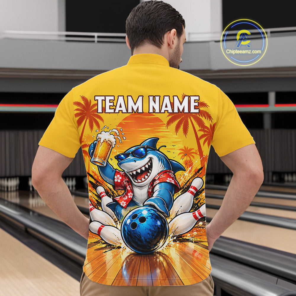 Yellow Tropical Shark Bowling Player Polo Shirt Custom Beer Drinking Sports Club Match Jersey