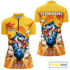 Yellow Tropical Shark Bowling Player Polo Shirt Custom Beer Drinking Sports Club Match Jersey