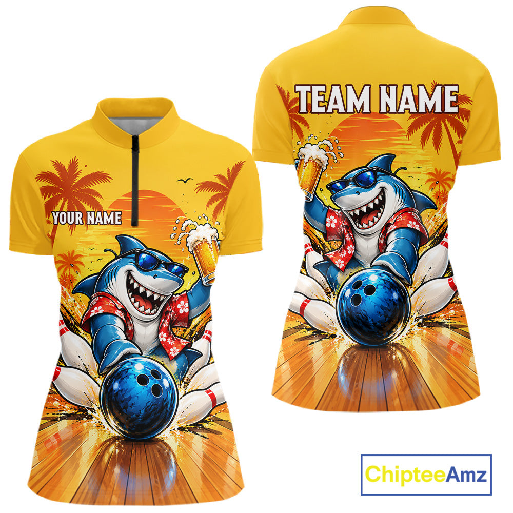 Yellow Tropical Shark Bowling Player Polo Shirt Custom Beer Drinking Sports Club Match Jersey