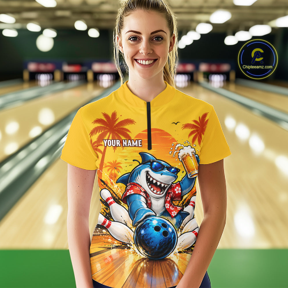 Yellow Tropical Shark Bowling Player Polo Shirt Custom Beer Drinking Sports Club Match Jersey