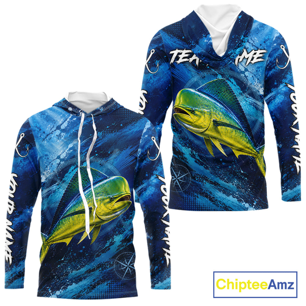 Custom Mahi Mahi Fishing Jersey, Personalized Long Sleeve Hooded Performance Fishing Shirt