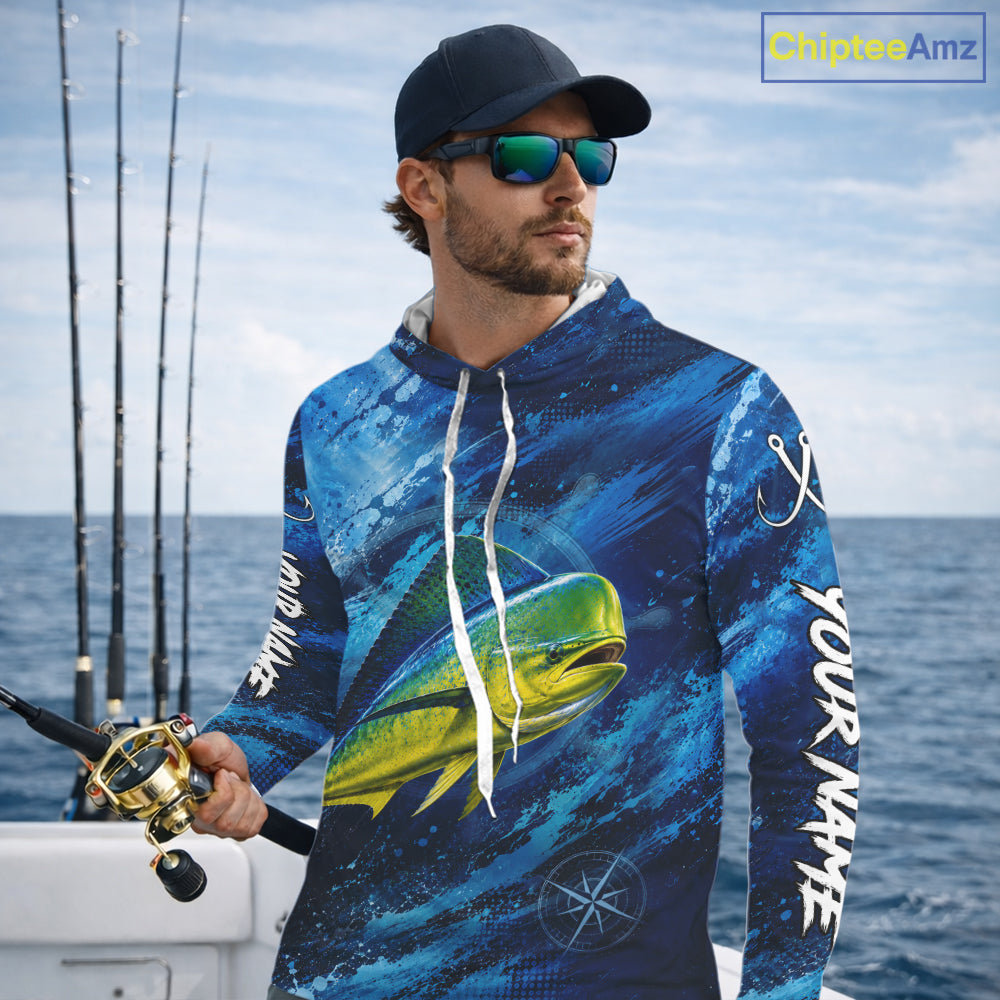 Custom Mahi Mahi Fishing Jersey, Personalized Long Sleeve Hooded Performance Fishing Shirt