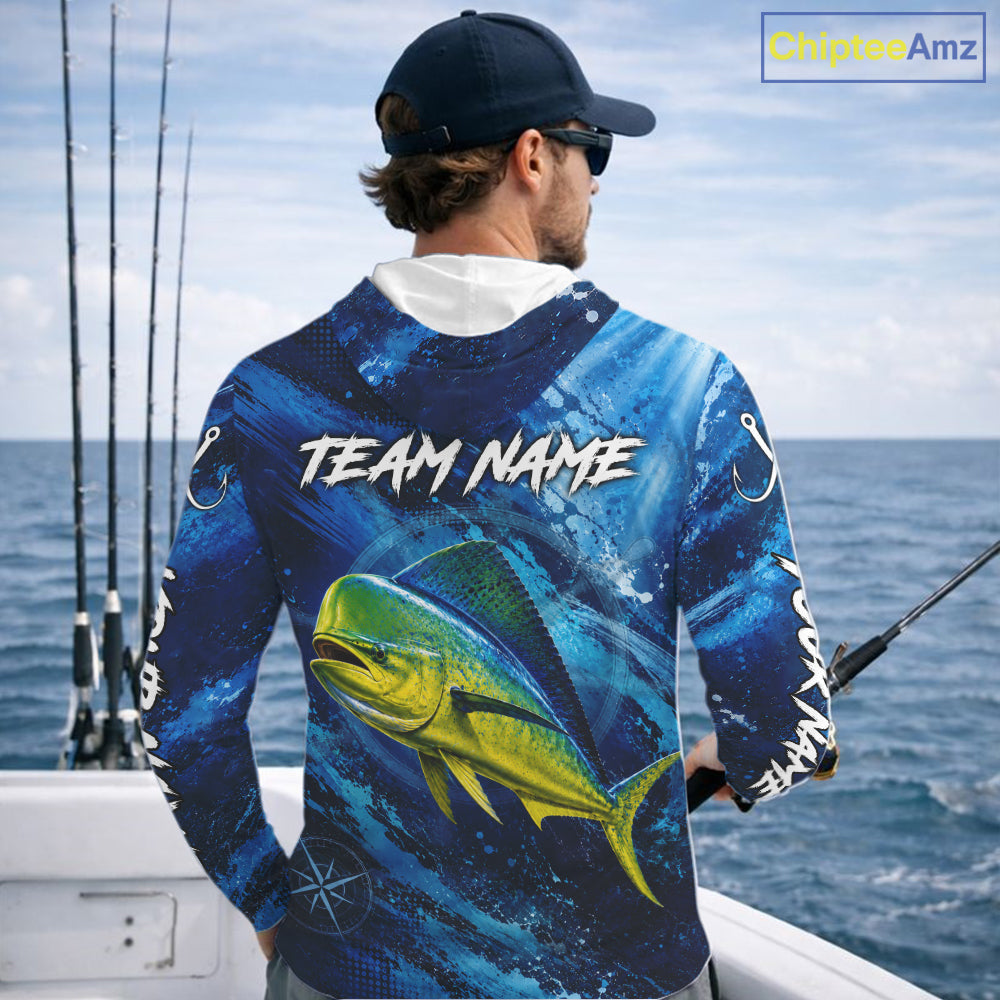 Custom Mahi Mahi Fishing Jersey, Personalized Long Sleeve Hooded Performance Fishing Shirt