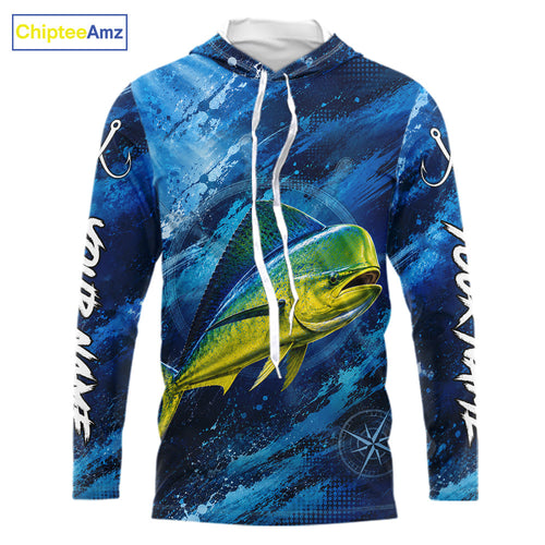 Custom Mahi Mahi Fishing Jersey, Personalized Long Sleeve Hooded Performance Fishing Shirt